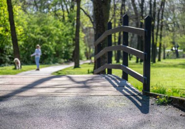 Küçük bir köprü ile asfalt bir yürüyüş denemesi boyunca arka planda köpek olan odaksız bir insan. Yeşil çimenler ve güneş ışığı doğa yürüyüşü arka planı