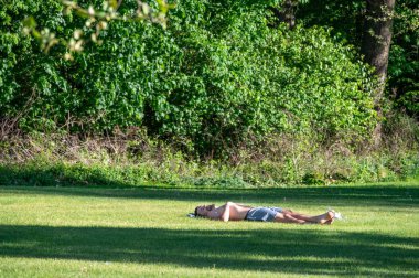 Okuma, PA, USA 05-01-2024 Bir adam halka açık bir parkın güneşinde dinleniyor, ormanlık arka planda yeşil çimlerde uyuyor ve uzun öğleden sonra gölgelerinde uyuyor.