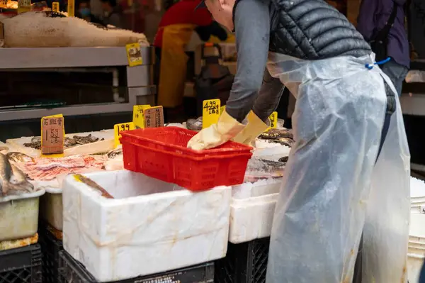 stock image New York, NY, USA, 05-15-2024 A man in gloves and plastic apron adds fresh ice to bins of sidewalk fish at Chinatown fish market. Editorial use only.