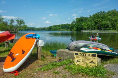 French Creek State Park, Elverson, PA 06-10-2025 Paddle sörf tahtaları ve güvenlik levhaları arka planda iki kayıkla huzurlu bir gölün çimenli sahilinde hafta sonu tatili tatili rahatlama