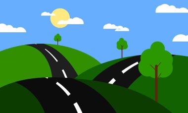 Asfalt yolları ve güneşli havası olan tepelerin doğal manzarasının bir örneği.