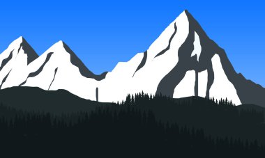 Güneşli hava ve mavi gökyüzü ile karlı dağ manzarasının çizimi