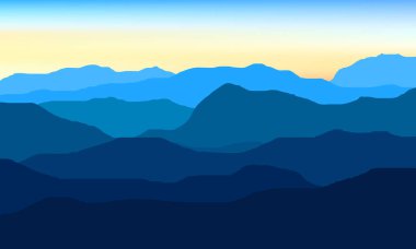 Şafak vakti hala az güneş ışığı olan bir dağ manzarasının çizgi film çizimi