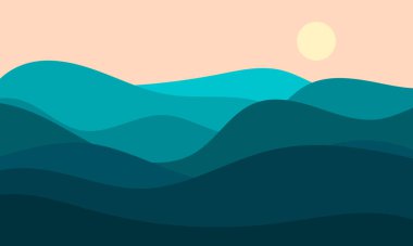 Mavi tepeli ve soluk sarı güneşli minimalist vektör manzarası