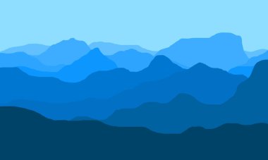 Katmanlı mavi tonlarda asgari dağ manzarası, sakin doğa temalı arka plan ve tasarım kullanımı için mükemmel.