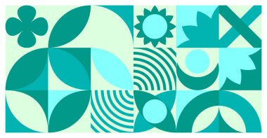 Modern şekilleri ve ızgara tabanlı düzeni serin yeşil ve mavi tonlarda birleştiren basit soyut vektör.