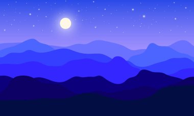 Ay, yıldızlar ve katmanlı mavi tepelerin yumuşak tonlarda olduğu gece manzarasının vektör çizimi.