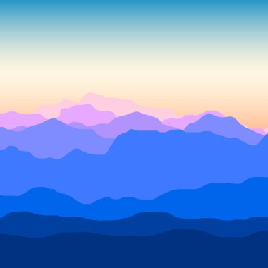 Yumuşak eğimli gökyüzünün altında katmanlı mavi ve mor dağların minimalist manzarası