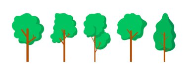Yeşil yapraklı düz ağaç çizimleri koleksiyonu, doğa, orman veya manzara tasarımı için mükemmeldir..