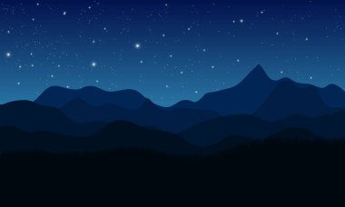Katmanlı dağlarla ve masmavi gökyüzünde ışıldayan yıldızlarla huzurlu bir gece manzarası.