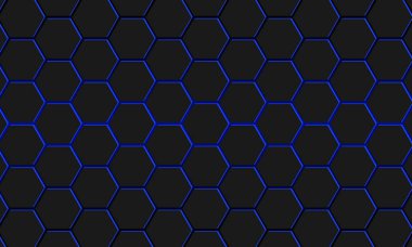 Arkadan parlayan mavi ışığın oluşturduğu fütüristik 3d altıgen desen derinlik ve dijital stil yaratıyor..