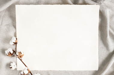 Kırışmış gri kumaş arkaplan üzerine bir kağıt üzerinde pamuk dalı