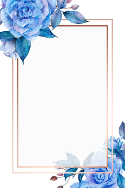 Mavi çiçek ve altın çerçeveli png suluboya