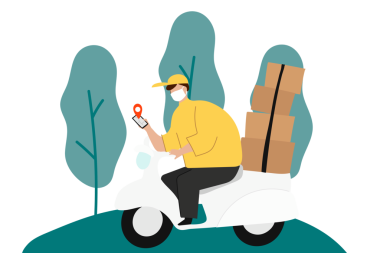 Paket kutularıyla motosikletli teslimatçı çocuk müşteri konumu haritasını şeffaf png ile kontrol ediyor