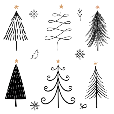 Noel karalaması png çıkartması, şirin ağaç ve hayvan çizimleri siyah sette.
