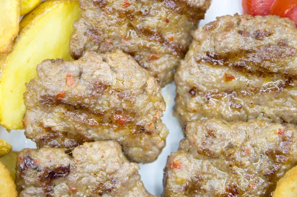 Húsgombóc Sült Krumpli Hagymakarika Tálalásra Kész — Stock Fotó