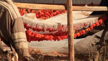 peppers left to dry in the sun by stringing on strings