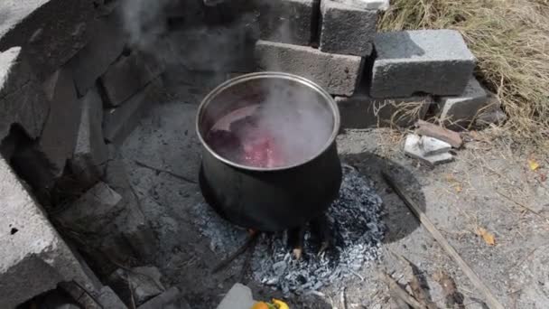 Kogende Granatæblejuice Træ Fyret Sort Gryde – Stock-video