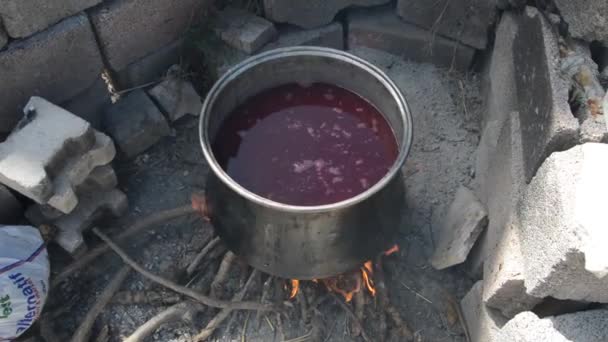 Boiling Pomegranate Juice Wood Fired Black Cauldron — Stock Video