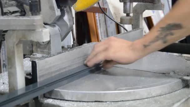 Man Cuts Metal Profile Cutting Machine — Stock Video