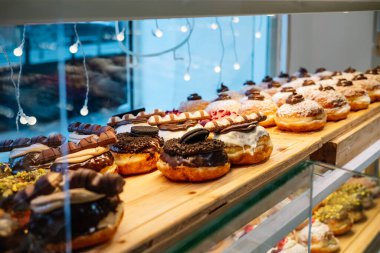 different donuts in bakery. High quality photo