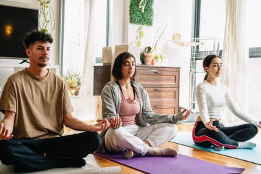 Yoga minderleri üzerinde bağdaş kurmuş üç kişi, bitkilerle ve güneş ışığıyla aydınlık, huzurlu bir evde meditasyon yapıyorlar..