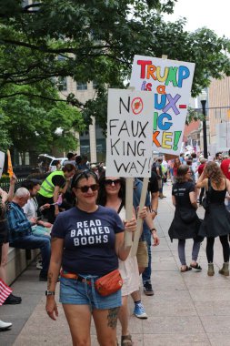 12 Haziran 2025 'te No Kings Rallisi' nde Kolomb State House Lawn 'daki Trump' a karşı yaratıcı tabelalar ve katılımcıların yer aldığı protesto gösterisi.