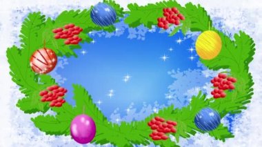 Yeni yılın ana karakteri geleneksel çam dalları, oyuncaklar ve kış meyveleri çerçevesindeki Noel Baba 'dır..