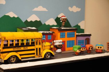 Alcal de Henares, Spain. January 7, 2023. Vertical image of a diorama about the South Park series made with funko pop figures.