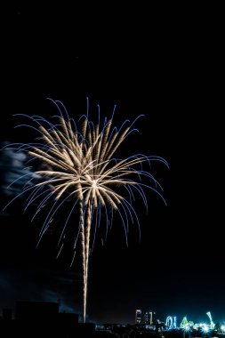 Vertical image of a fireworks show with pyrotechnics launched at different heights and many colors captured with long exposure.