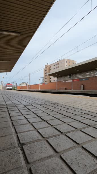 西班牙Mostoles 2023年4月30日马德里郊区的一列火车在阴天进入Mostoles Soto车站的垂直录像 — 图库视频影像