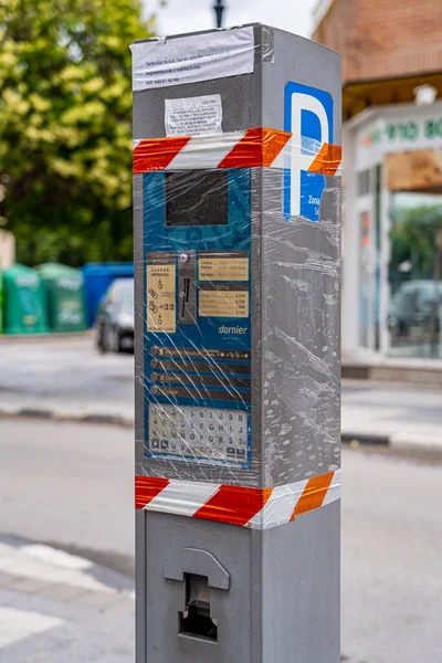 stock image Arganda del Rey, Spain. June 8, 2023. Parking meters to pay for regulated parking in the town sealed after removing the payment zones in the center of town.