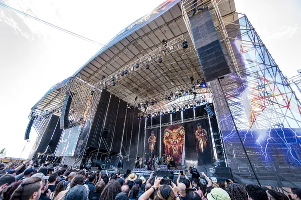 stock image Villena, Spain. August 3, 2022. Villena sports center soccer fields with the main music stages set up before the start of the Leyendas del Rock festival.