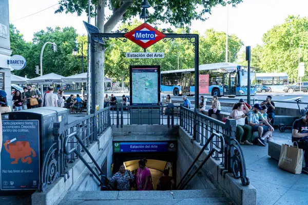stock image Madrid, Spain. June 16, 2024. Access stairs to the art station of line 1 (light blue) of Madrid subway, formerly called atocha; at plaza emperador carlos V.