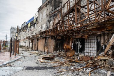 Kherson, Ukraine - 01. 11. 2023: Shopping center Fabrika, lc waikiki shelled in destroyed by Russian troops, occupation, war. Fire, damage to civilian infrastructure.