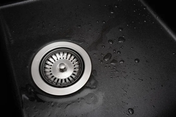 New Granite Kitchen Sink Black Wash Flat Lay Drops Water Stock Fotografie