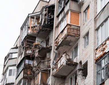 Artillery shelling by Russians of an apartment building of civilian infrastructure in Kherson, Ukraine, genocide of the Ukrainian people. Russia's war crimes against the Ukrainian civilian population