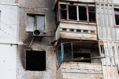 Artillery shelling by Russians of an apartment building of civilian infrastructure in Kherson, Ukraine, genocide of the Ukrainian people. Russia's war crimes against the Ukrainian civilian population