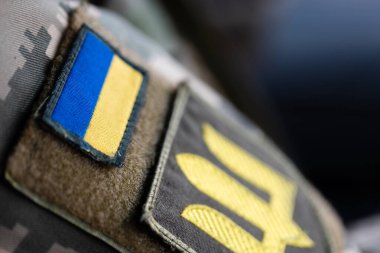 Orduda ve bayrağında Ukraynalı bir asker, askeri üniformada altın mızraklı bir arma. Ukrayna Silahlı Kuvvetleri.