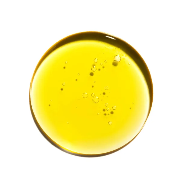 Kapka Žluté Olejové Kapky Textury Petriho Misce Makro Bublinkami Kosmetika — Stock fotografie