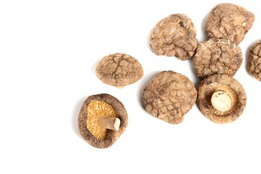 Beyaz izole edilmiş arka planda kuru shiitake mantarları. Asya mutfağı, miso çorbası için malzeme..