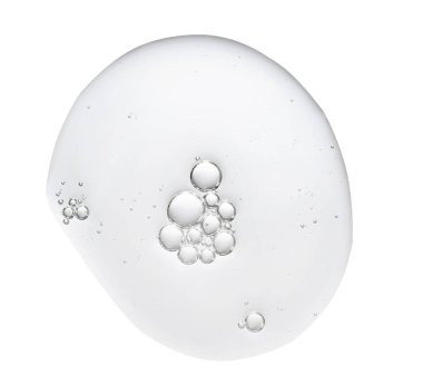 Beyaz yalıtılmış arka planda şeffaf hyaluronik asit serumu olan gliserin doku örneği, makro. Deterjan, kozmetik, laboratuvar. Yuvarlak bir damla