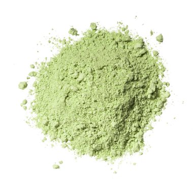 Kozmetik yeşil kil kaolin doku örnekleri, göz farı, beyaz izole bir zemin üzerindeki koruyucu toz. Doğal yüz maskesi. Kuru kibrit çayı.