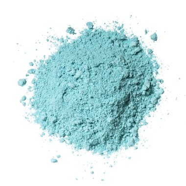 Kozmetik mavi kil kaolin doku örnekleri, göz gölgeleri, beyaz izole arkaplanda toz. Doğal yüz maskesi. Kuru kibrit çayı.