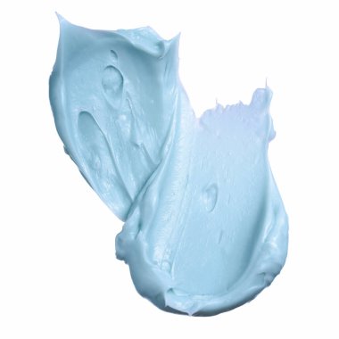 Swatch texture of blue cream or clay, kaolin, cosmetic mask for face and body on a isolated white background. Drop smear.