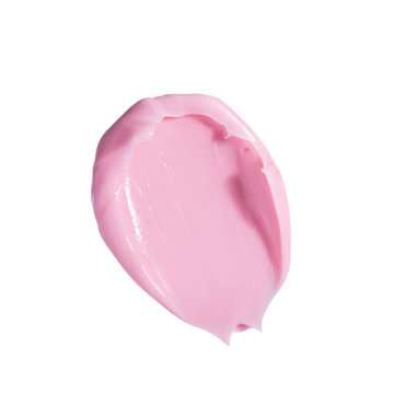 İzole edilmiş beyaz arka planda yüz ve vücut için pembe krem veya kil, kaolin veya ruj kozmetik maskesi dokusu. İfadeleri at.