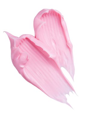 İzole edilmiş beyaz arka planda yüz ve vücut için pembe krem veya kil, kaolin veya ruj kozmetik maskesi dokusu. İfadeleri at.