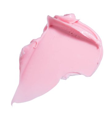 İzole edilmiş beyaz arka planda yüz ve vücut için pembe krem veya kil, kaolin veya ruj kozmetik maskesi dokusu. İfadeleri at.