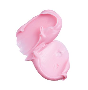 İzole edilmiş beyaz arka planda yüz ve vücut için pembe krem veya kil, kaolin veya ruj kozmetik maskesi dokusu. İfadeleri at.