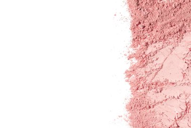 Arka plan doku örnekleri kozmetik pembe kil kaolin, gölgeler, beyaz izole bir zemin üzerindeki allık tozu. Doğal yüz maskesi. Kuru kibrit çayı.